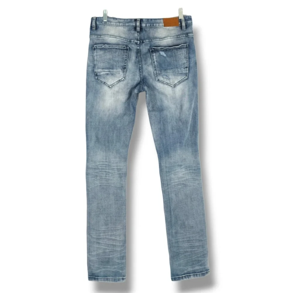 Smoke Rise Distressed Slim Straight Jeans Ripped Knee Moto Light Wash Y2K 34x34